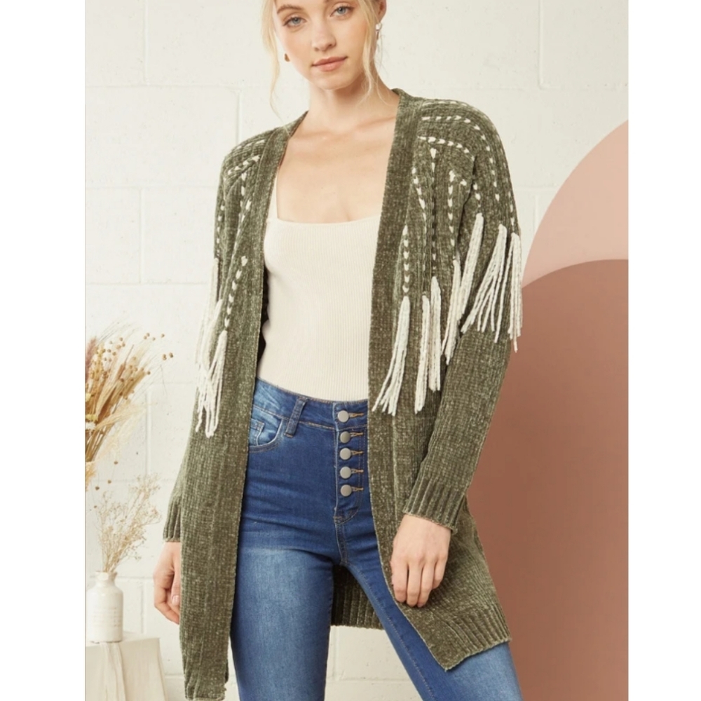 NWT Entro Chenille Tassel Fringe Cardigan Olive Green Cream Size S
